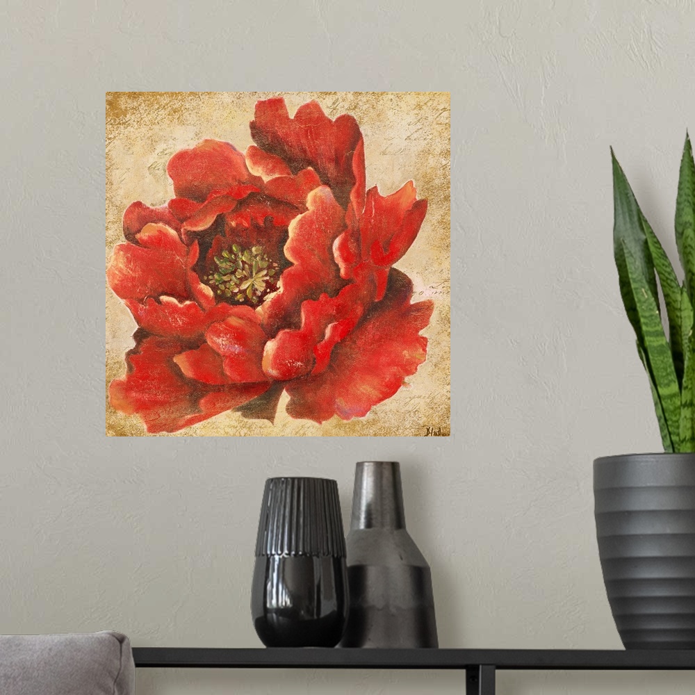 A modern room featuring Square painting of a flower on top of a grungy textured background.