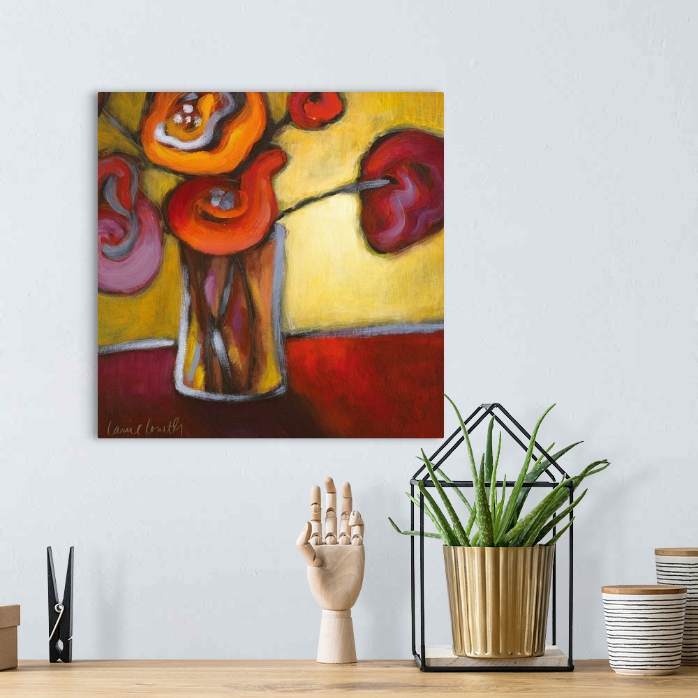 A bohemian room featuring Floral painting of blooming poppy flowers in a clear vase.