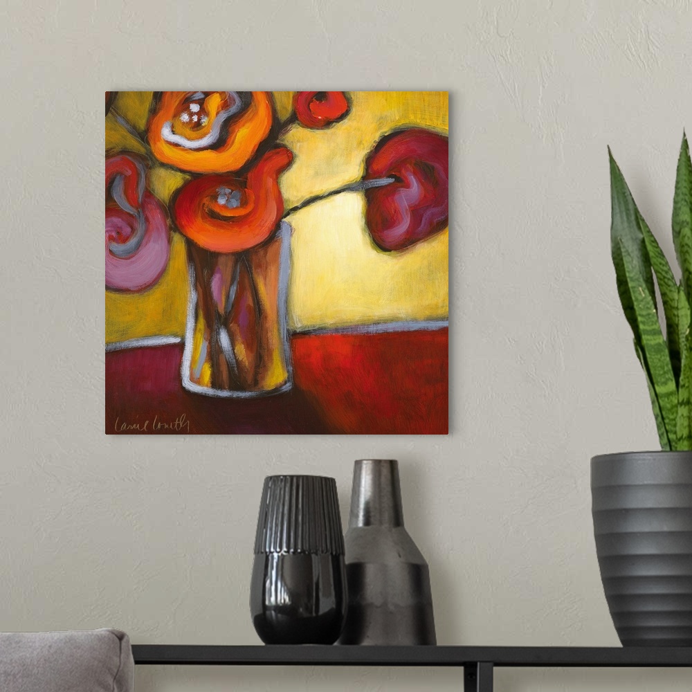 A modern room featuring Floral painting of blooming poppy flowers in a clear vase.