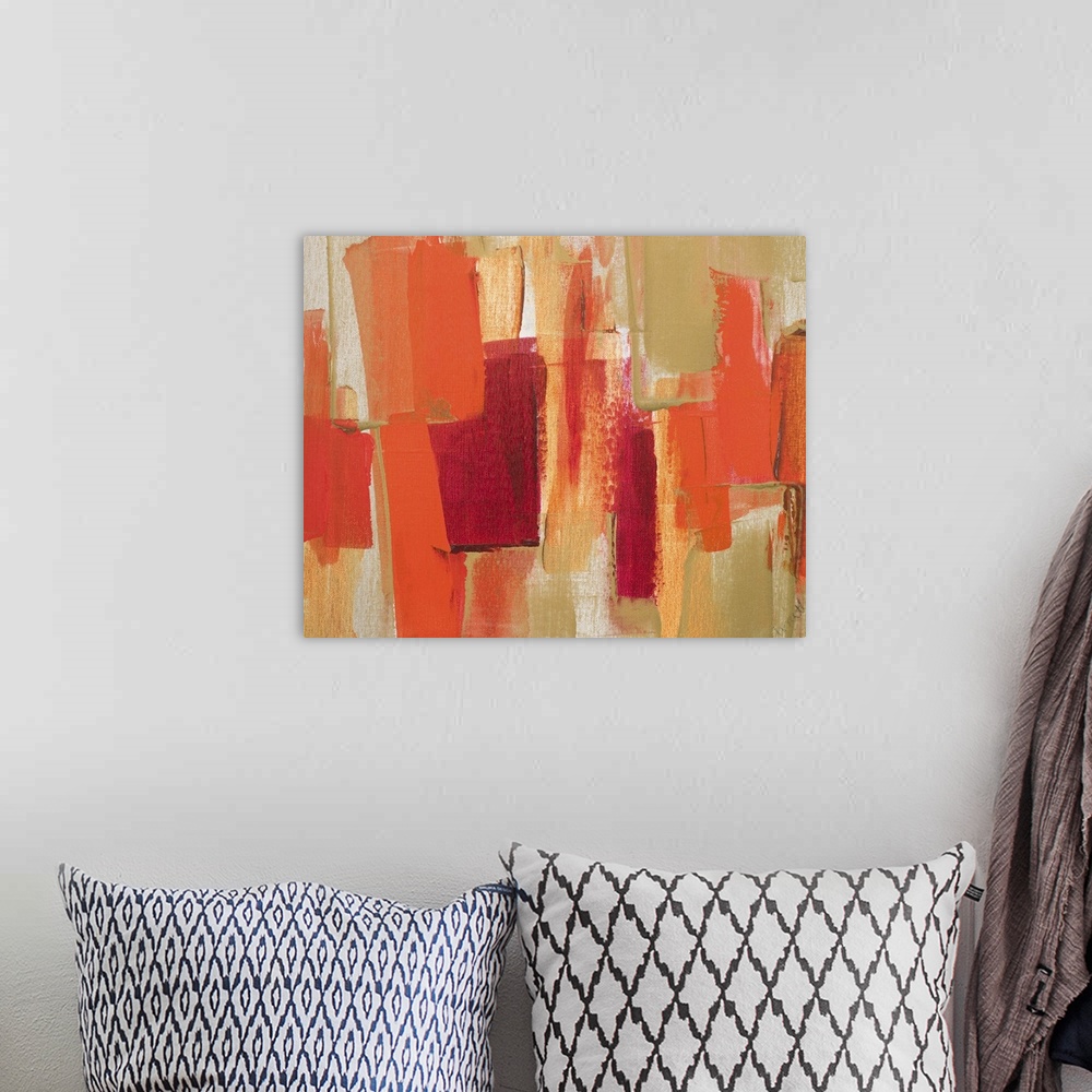 A bohemian room featuring Contemporary abstract painting of red geometric shapes against a light brown background.