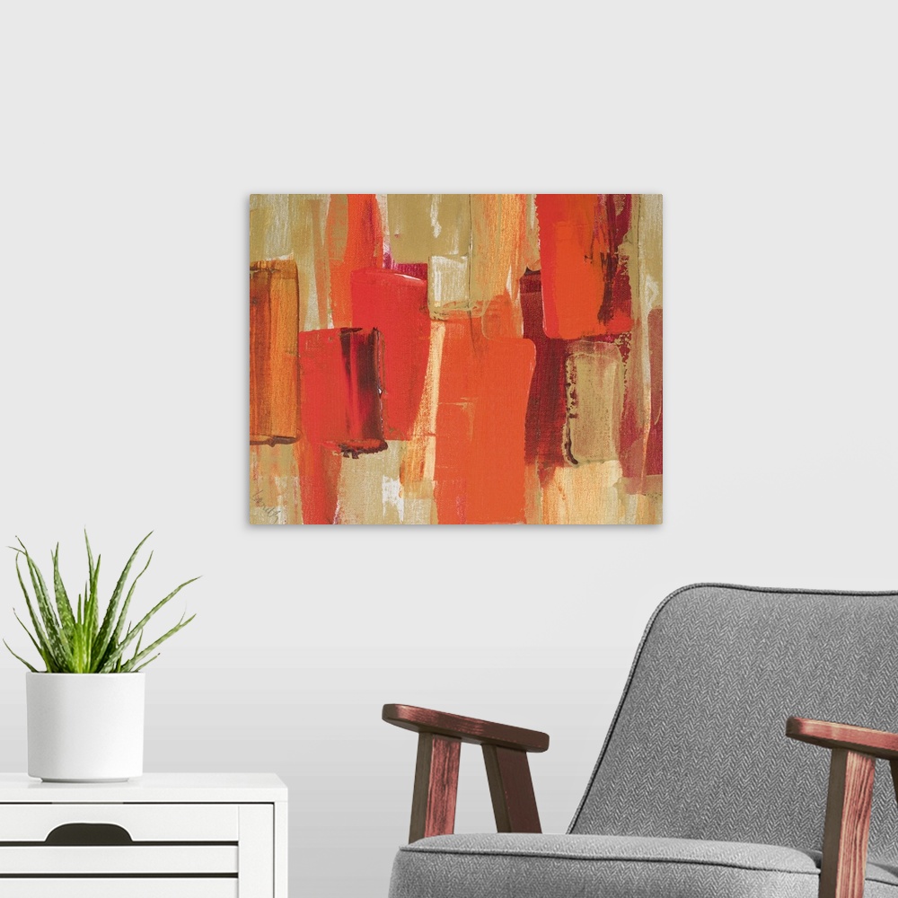 A modern room featuring Contemporary abstract painting of red geometric shapes against a light brown background.