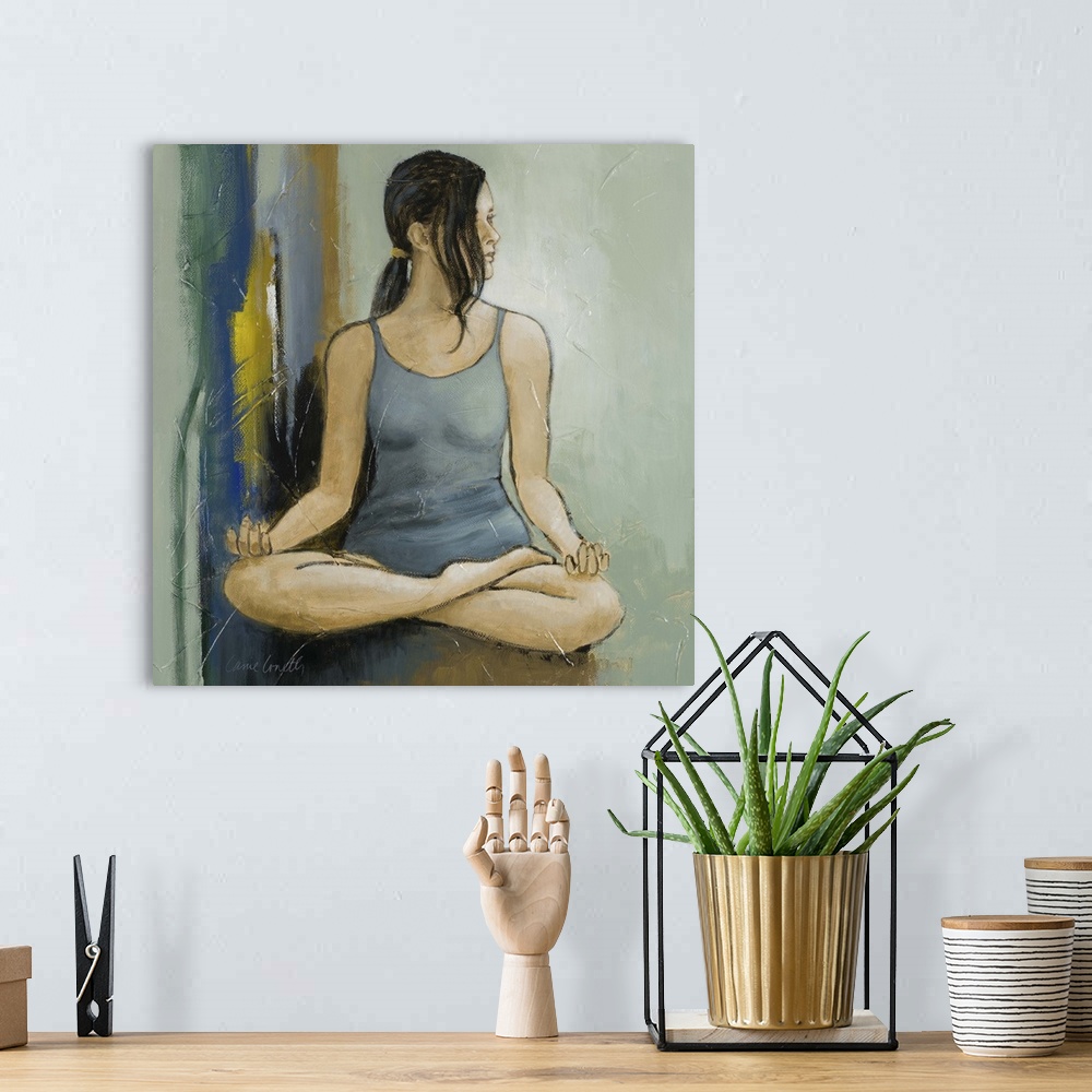 A bohemian room featuring Contemporary painting of a woman in a yoga pose.
