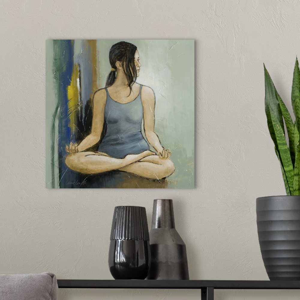 A modern room featuring Contemporary painting of a woman in a yoga pose.