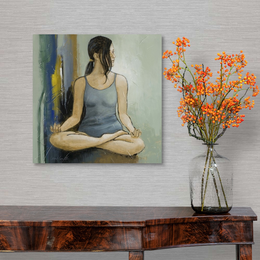 A traditional room featuring Contemporary painting of a woman in a yoga pose.