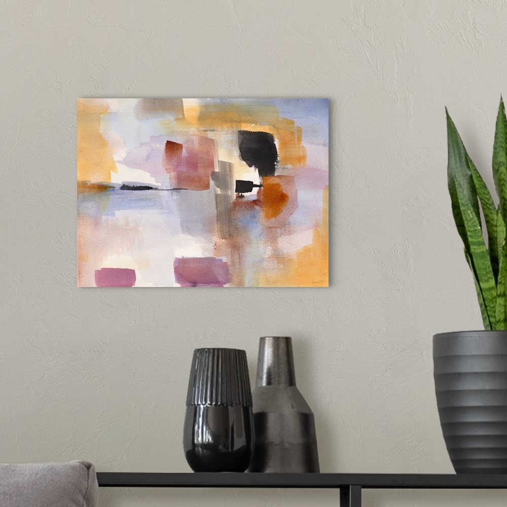 A modern room featuring This abstract artwork features bright blocks of color scattered in a energetic manner.