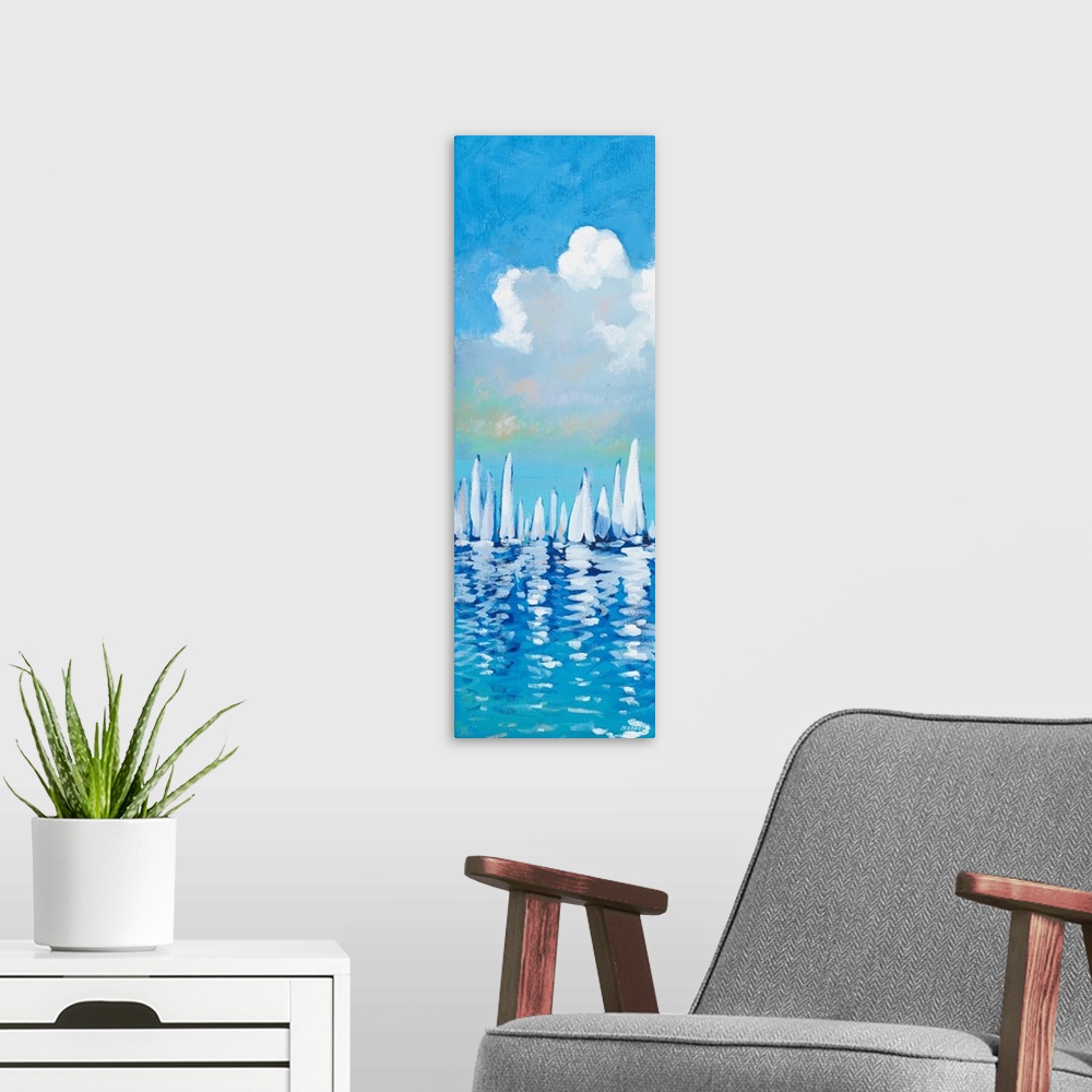 A modern room featuring Vertical artwork of a group of white sailboats against a blue sky.