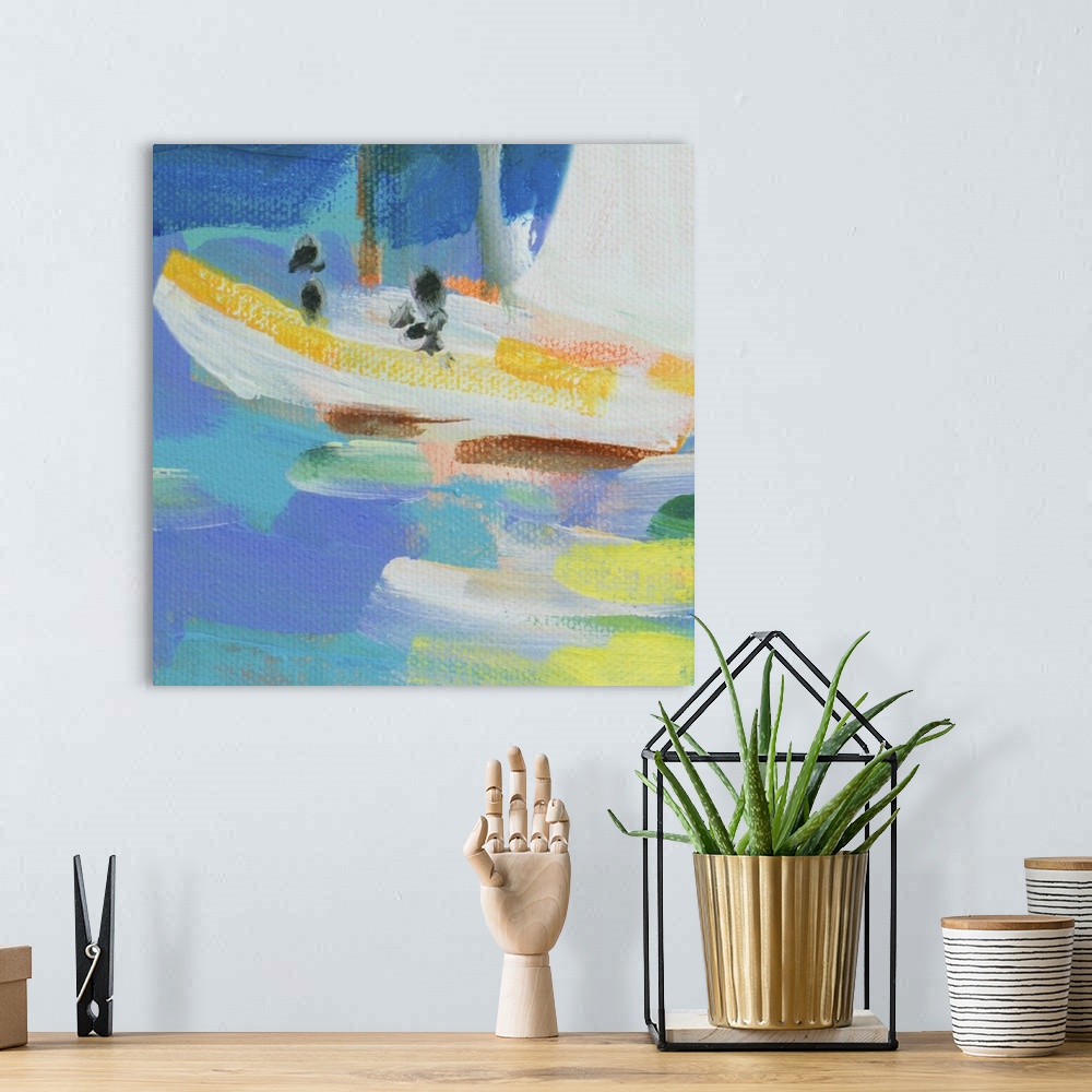A bohemian room featuring Contemporary painting of a small boat in the ocean.