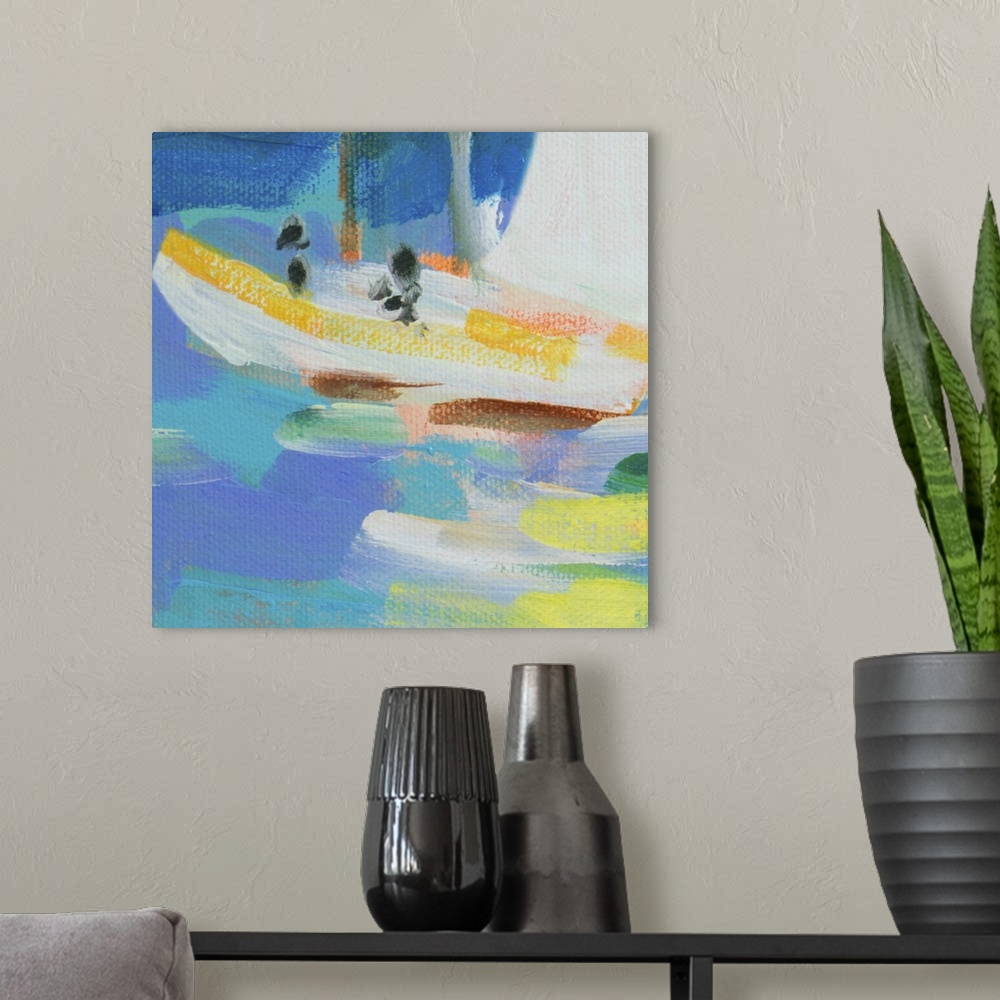 A modern room featuring Contemporary painting of a small boat in the ocean.