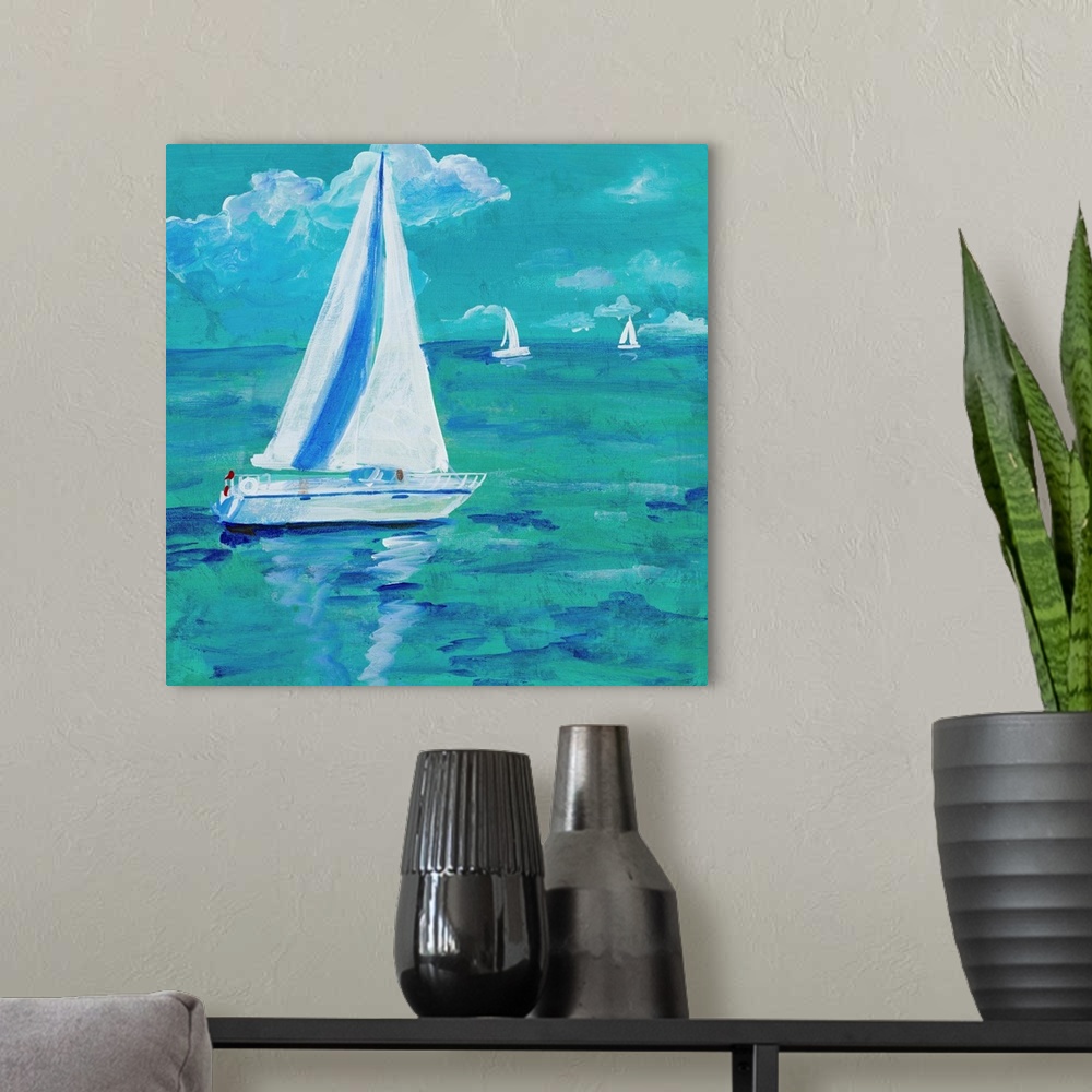A modern room featuring Painting of a sailboat on the water on a cloudy day.