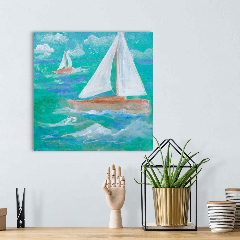 A bohemian room featuring Painting of a sailboat on the water on a cloudy day.