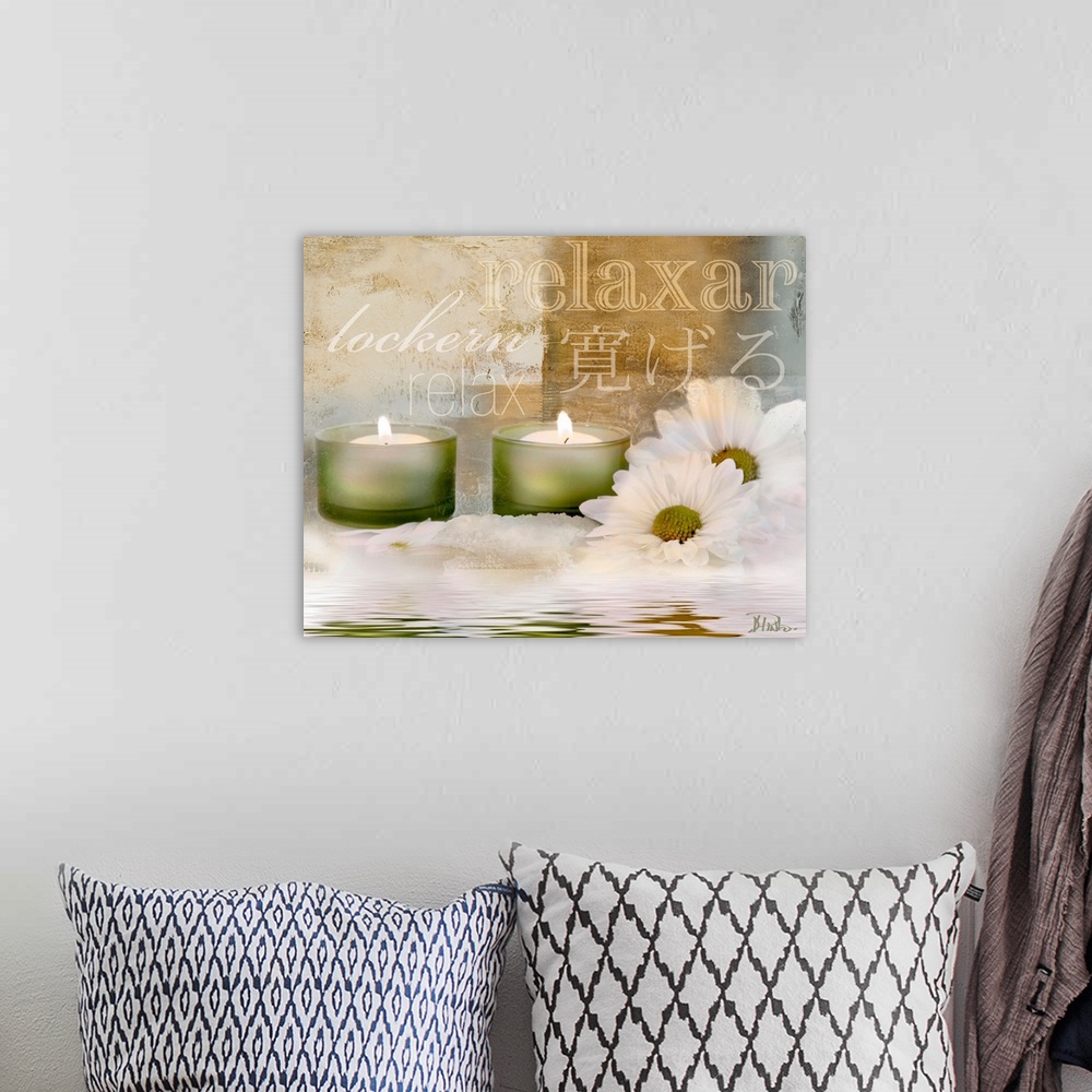A bohemian room featuring Digital artwork of candles and flowers sitting in water with typographic design in background.
