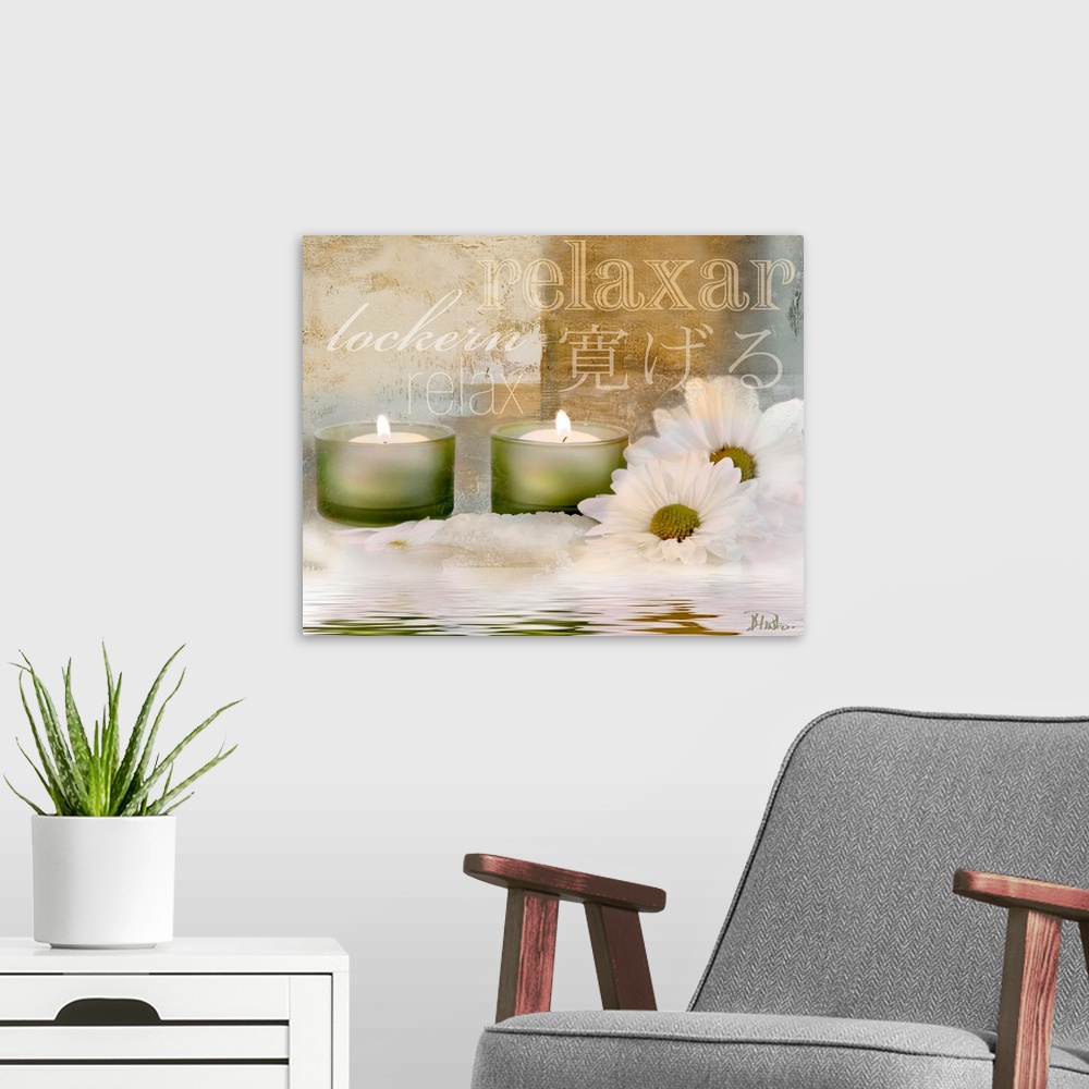 A modern room featuring Digital artwork of candles and flowers sitting in water with typographic design in background.