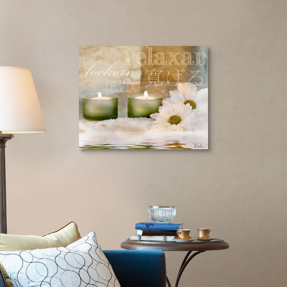 A traditional room featuring Digital artwork of candles and flowers sitting in water with typographic design in background.
