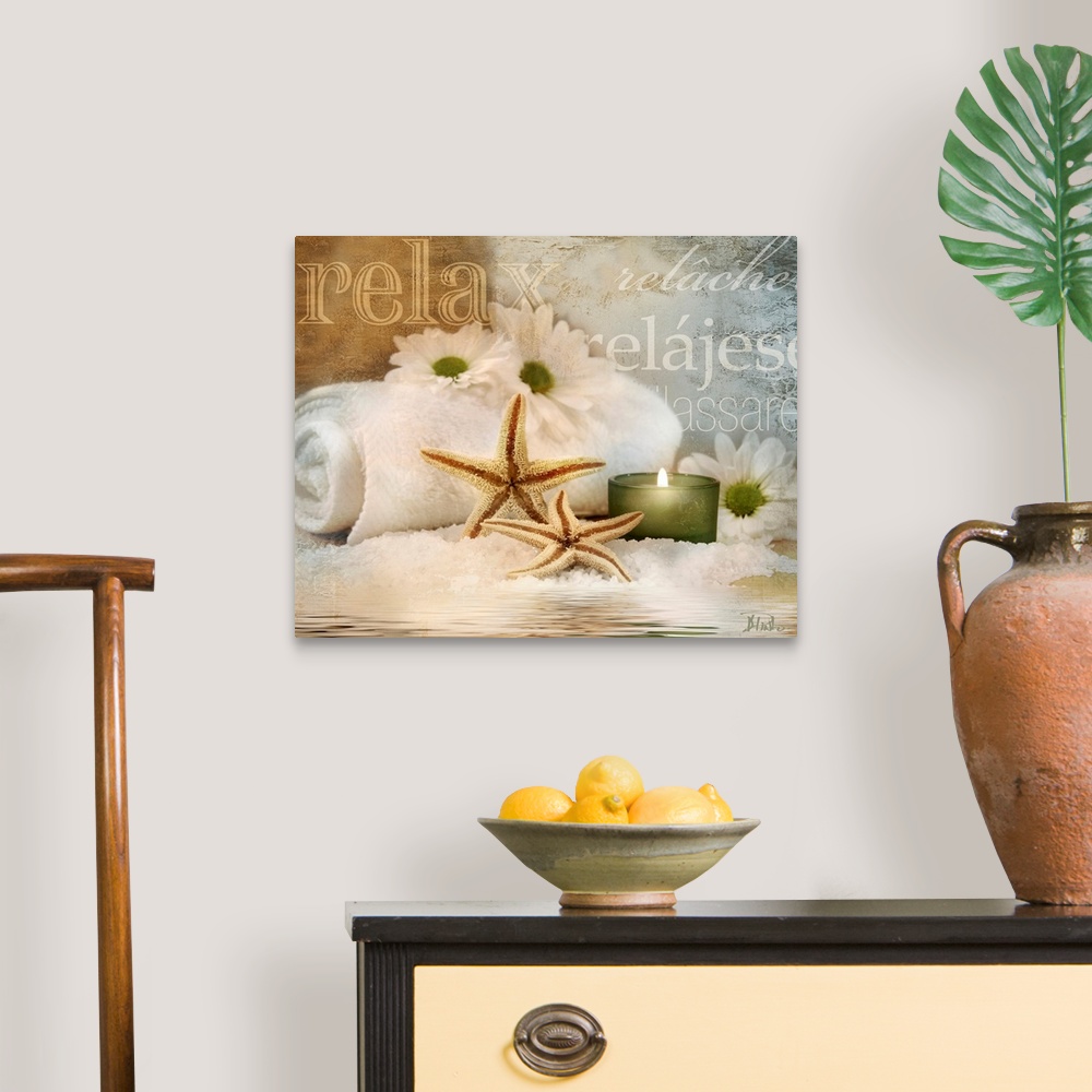 A traditional room featuring Seaside spa themed home docor wall art of daisies, starfish, a candle, and super imposed typograp...