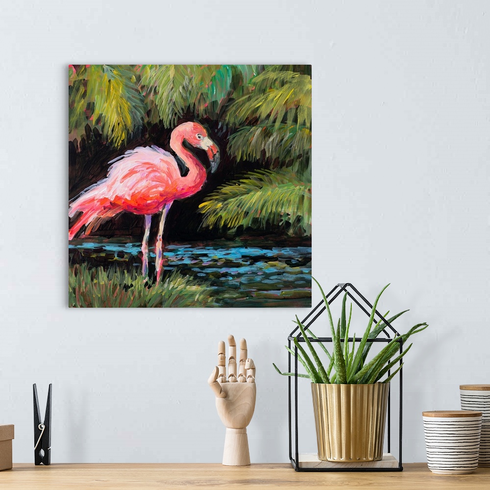 A bohemian room featuring Contemporary artwork of a jovial flamingo at the edge of a water with tropical leaves in the back...