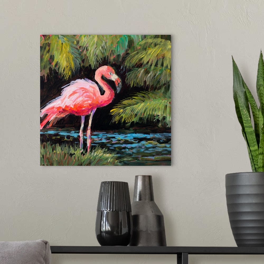A modern room featuring Contemporary artwork of a jovial flamingo at the edge of a water with tropical leaves in the back...