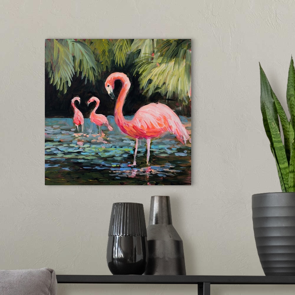 A modern room featuring Contemporary artwork of jovial flamingos wading in the water with tropical leaves in the background.