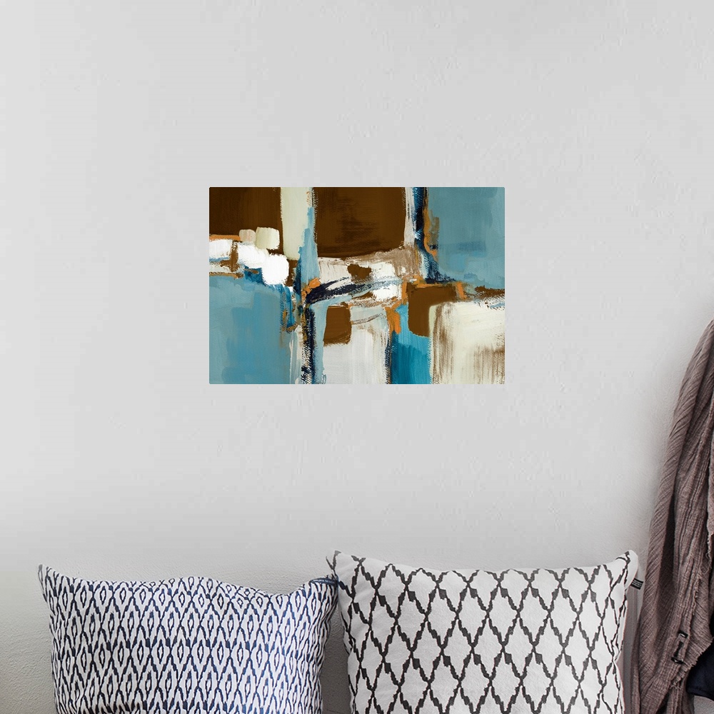 A bohemian room featuring Cool toned contemporary abstract painting of collage made of overlapping squares varying in size....