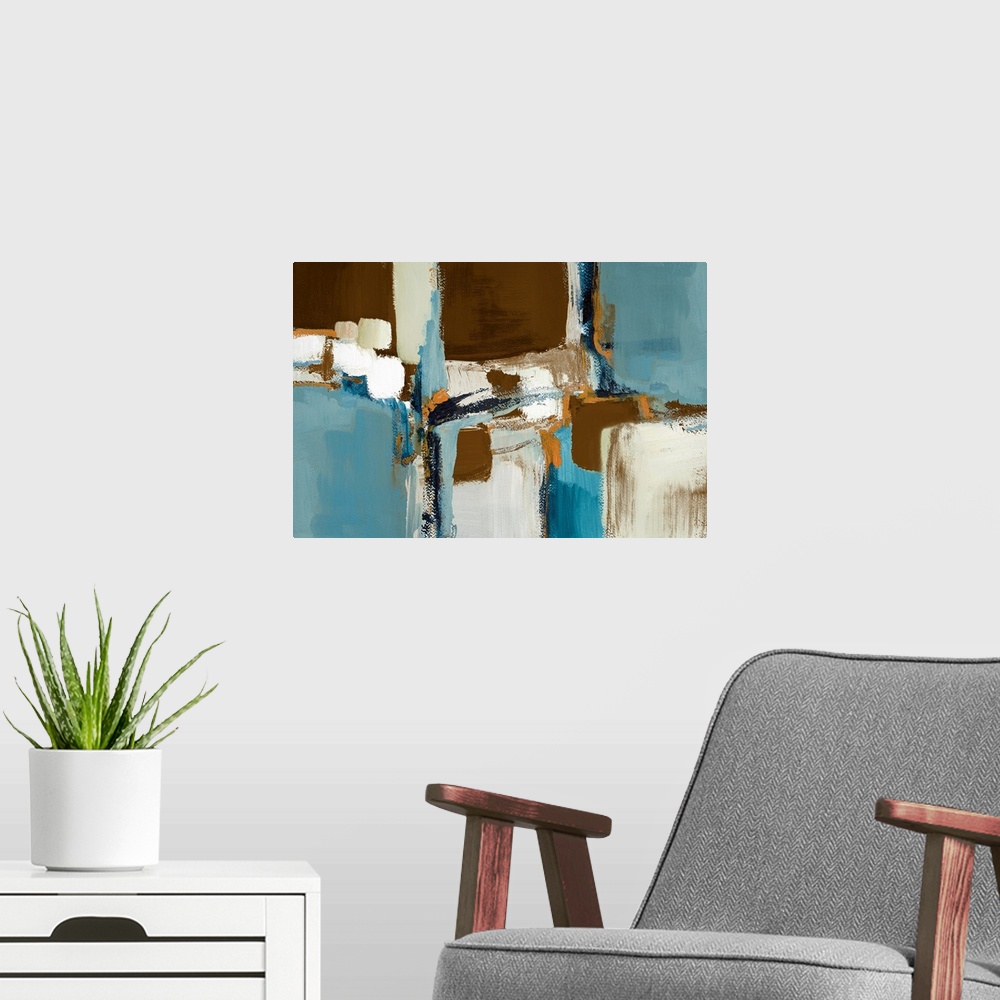 A modern room featuring Cool toned contemporary abstract painting of collage made of overlapping squares varying in size....