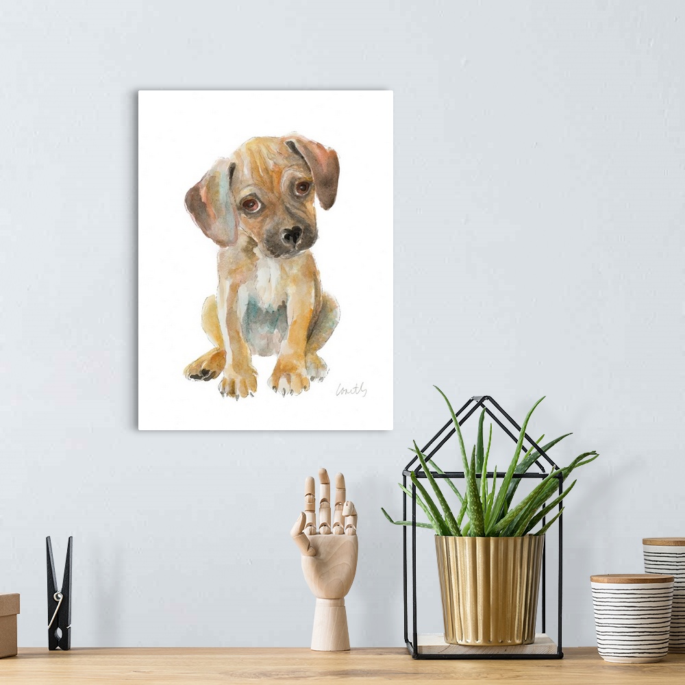 A bohemian room featuring Watercolor painting of a puppy on a solid white background.