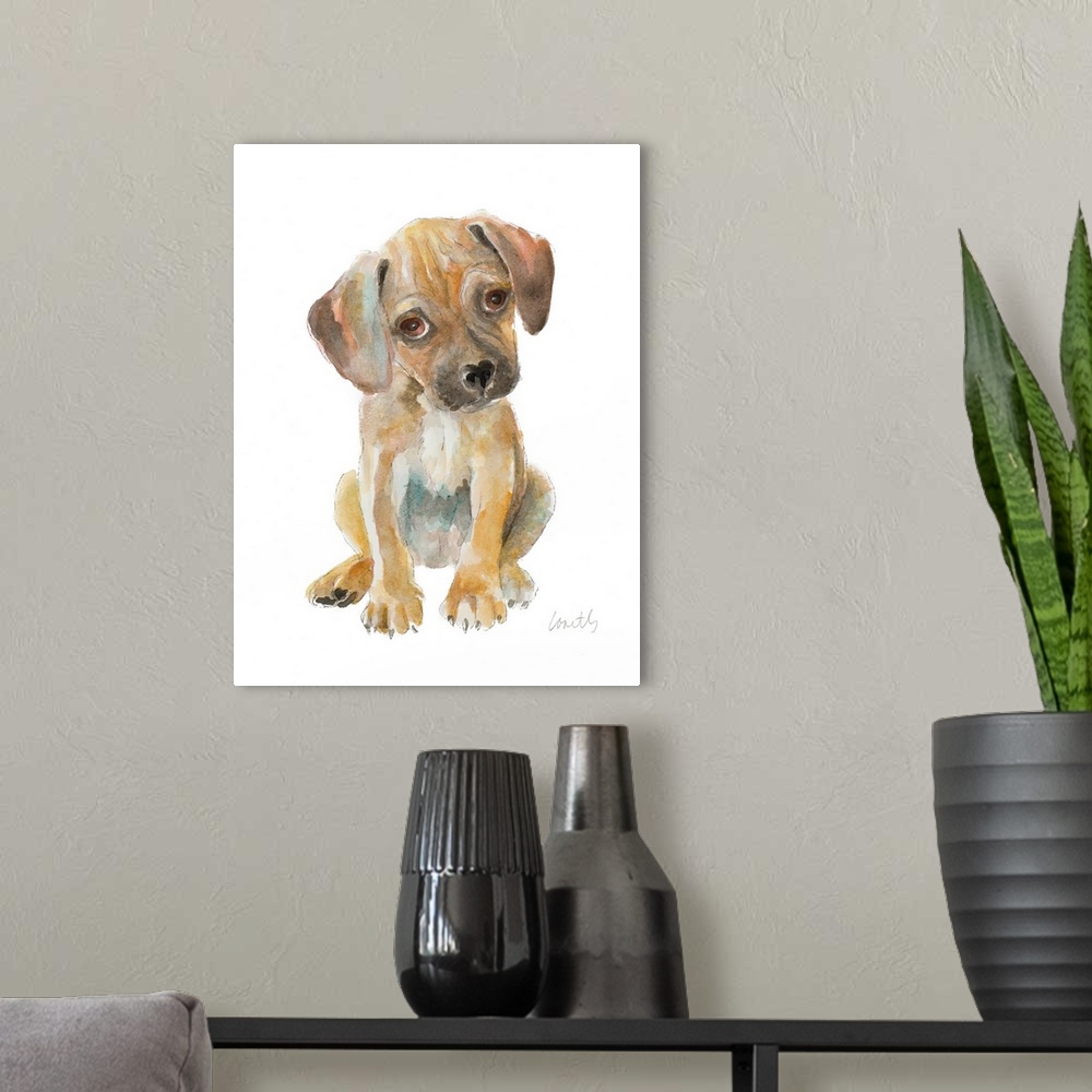 A modern room featuring Watercolor painting of a puppy on a solid white background.