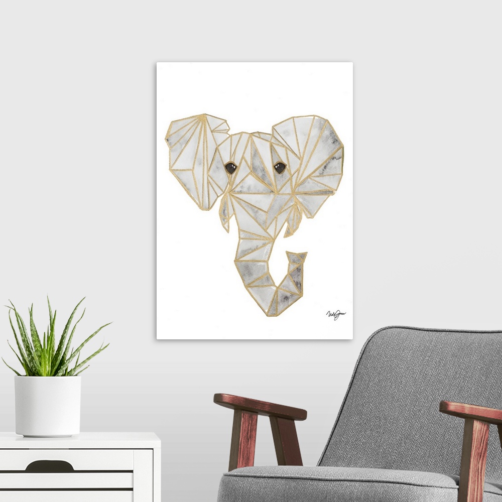 A modern room featuring Watercolor painting of an elephant created with metallic gold geometric shapes on a solid white b...