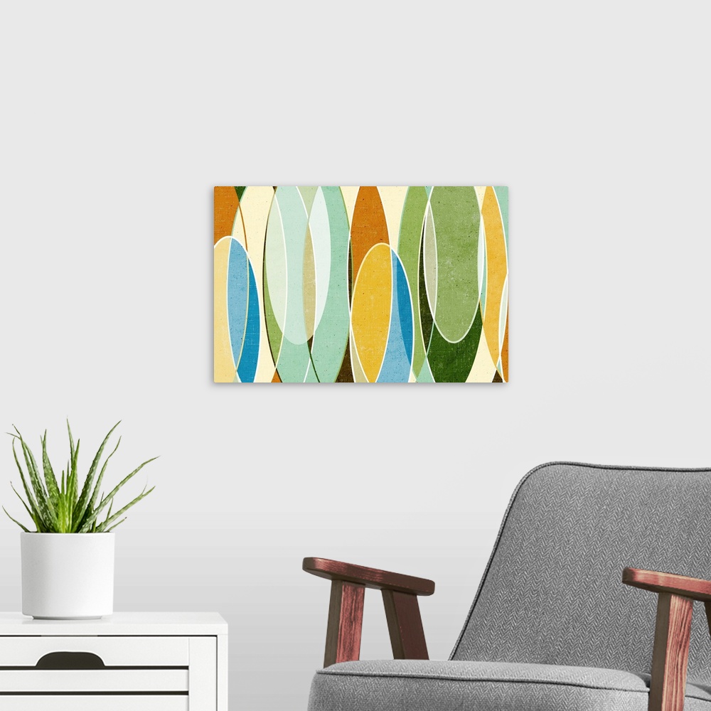 A modern room featuring Abstract painting with a mid-century feel of organic shapes with clean lines and mild colors.