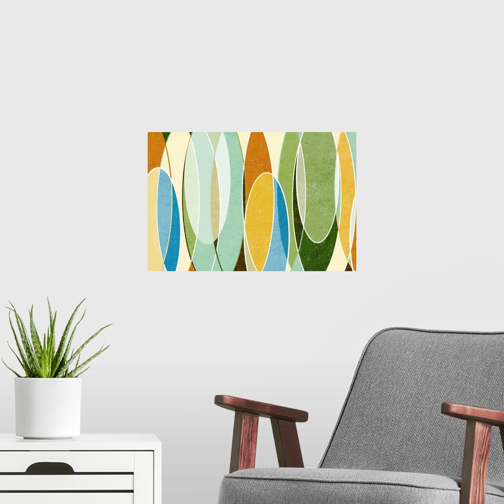 A modern room featuring Abstract painting with a mid-century feel of organic shapes with clean lines and mild colors.