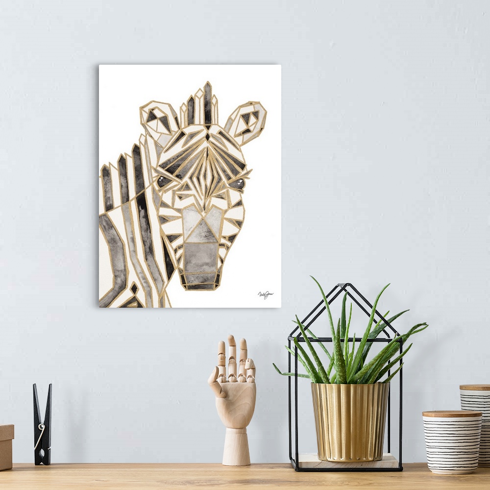 A bohemian room featuring Watercolor painting of a zebra created with metallic gold geometric shapes.