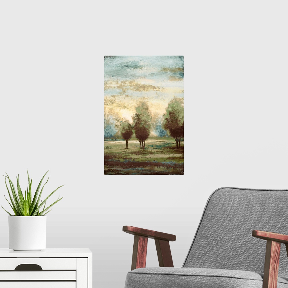 A modern room featuring A vertical landscape painting of trees under a misty sky, this painting is the second half of a d...