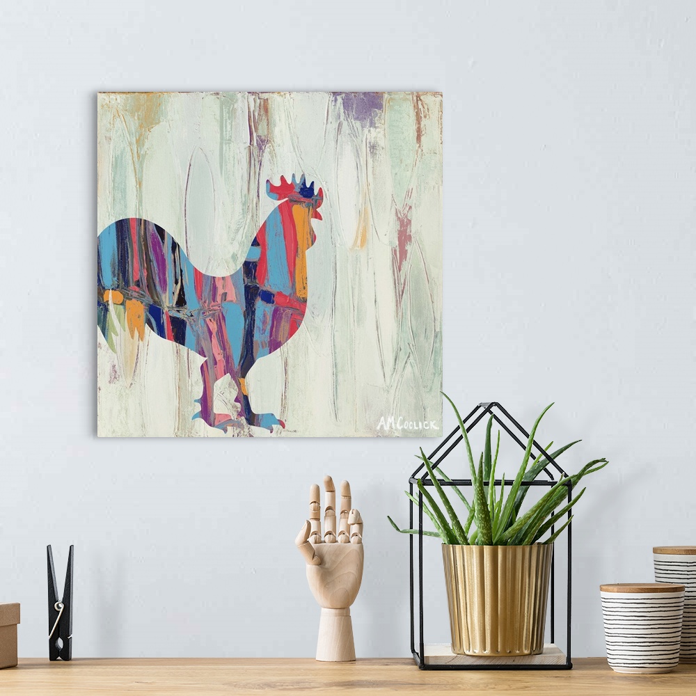 A bohemian room featuring Abstract painting of a rooster silhouette with bright colors against a neutral background.