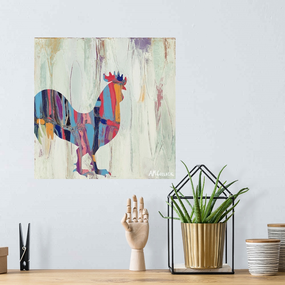 A bohemian room featuring Abstract painting of a rooster silhouette with bright colors against a neutral background.