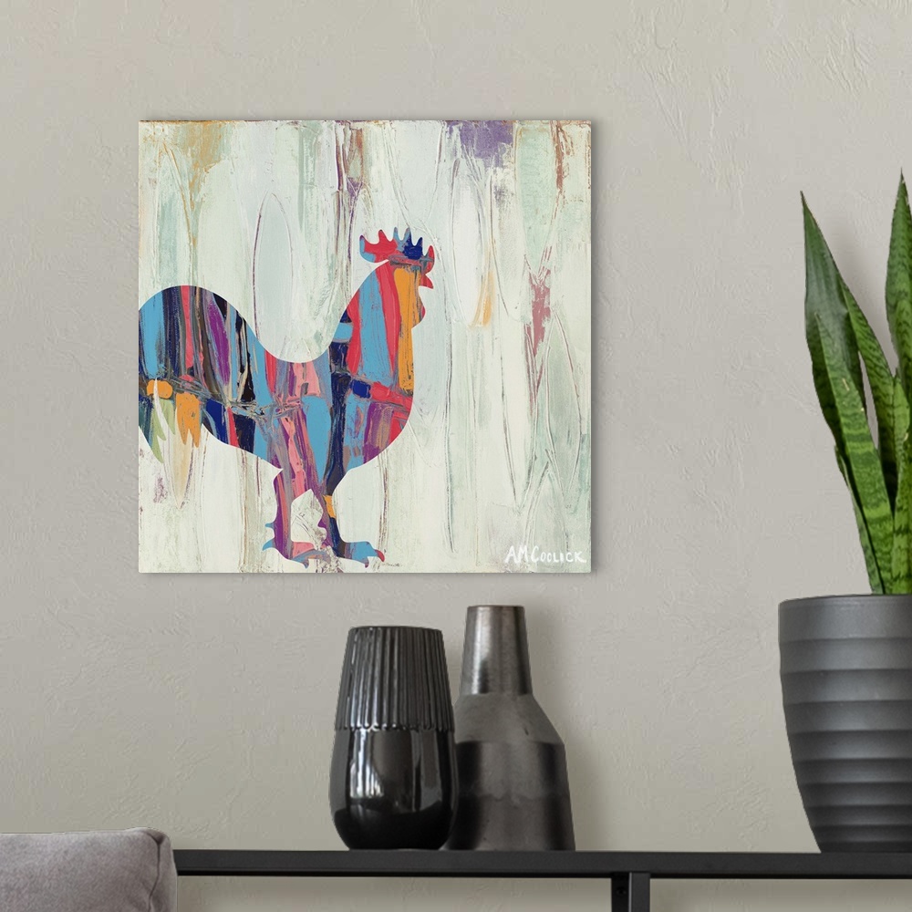 A modern room featuring Abstract painting of a rooster silhouette with bright colors against a neutral background.