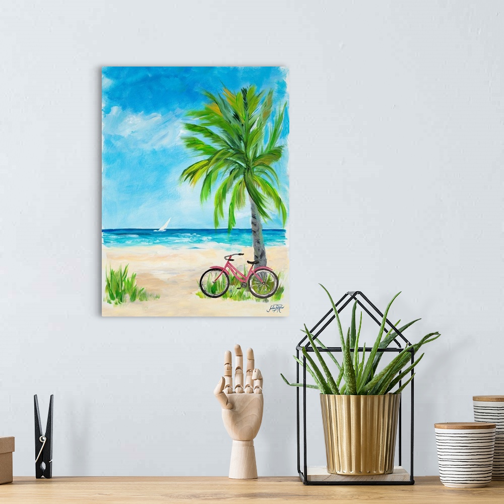 A bohemian room featuring Contemporary painting of a red bicycle leaning up against a palm tree on a sandy beach with a whi...