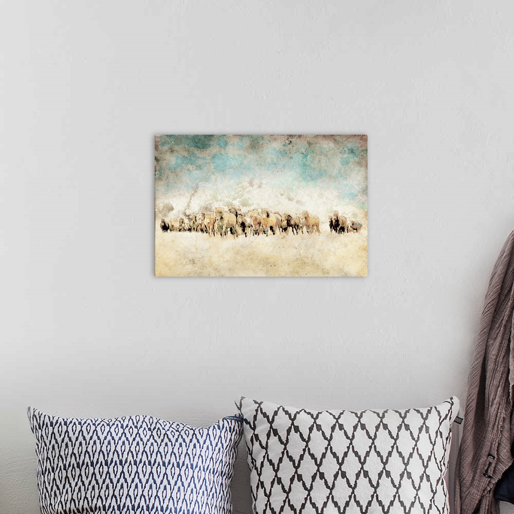 A bohemian room featuring Abstract painting of a team of horses with bright, colorful markings on a faded background with t...