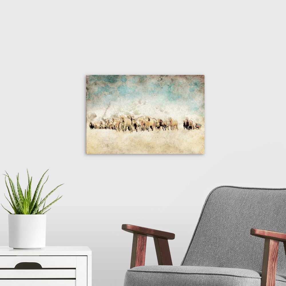 A modern room featuring Abstract painting of a team of horses with bright, colorful markings on a faded background with t...