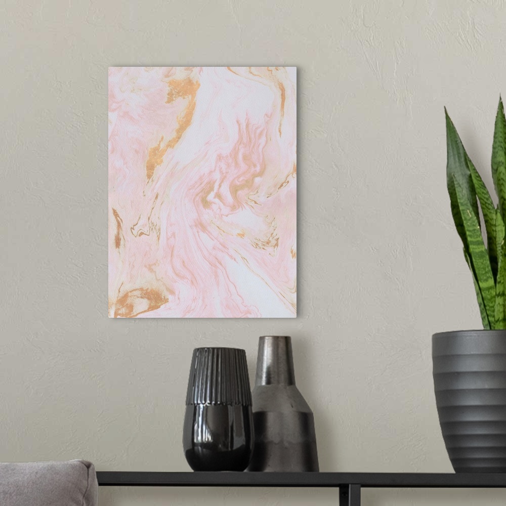 A modern room featuring Marbleized pink color fills this contemporary artwork with gold accents.