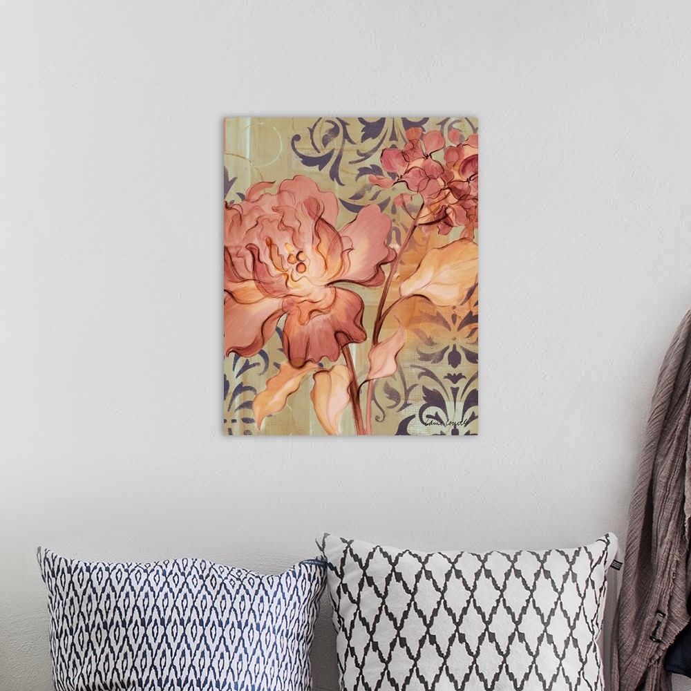 A bohemian room featuring Contemporary painting of dark orange lilac flowers against a background of ornate designs.
