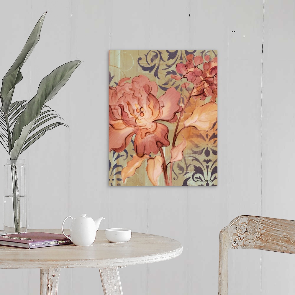 A farmhouse room featuring Contemporary painting of dark orange lilac flowers against a background of ornate designs.