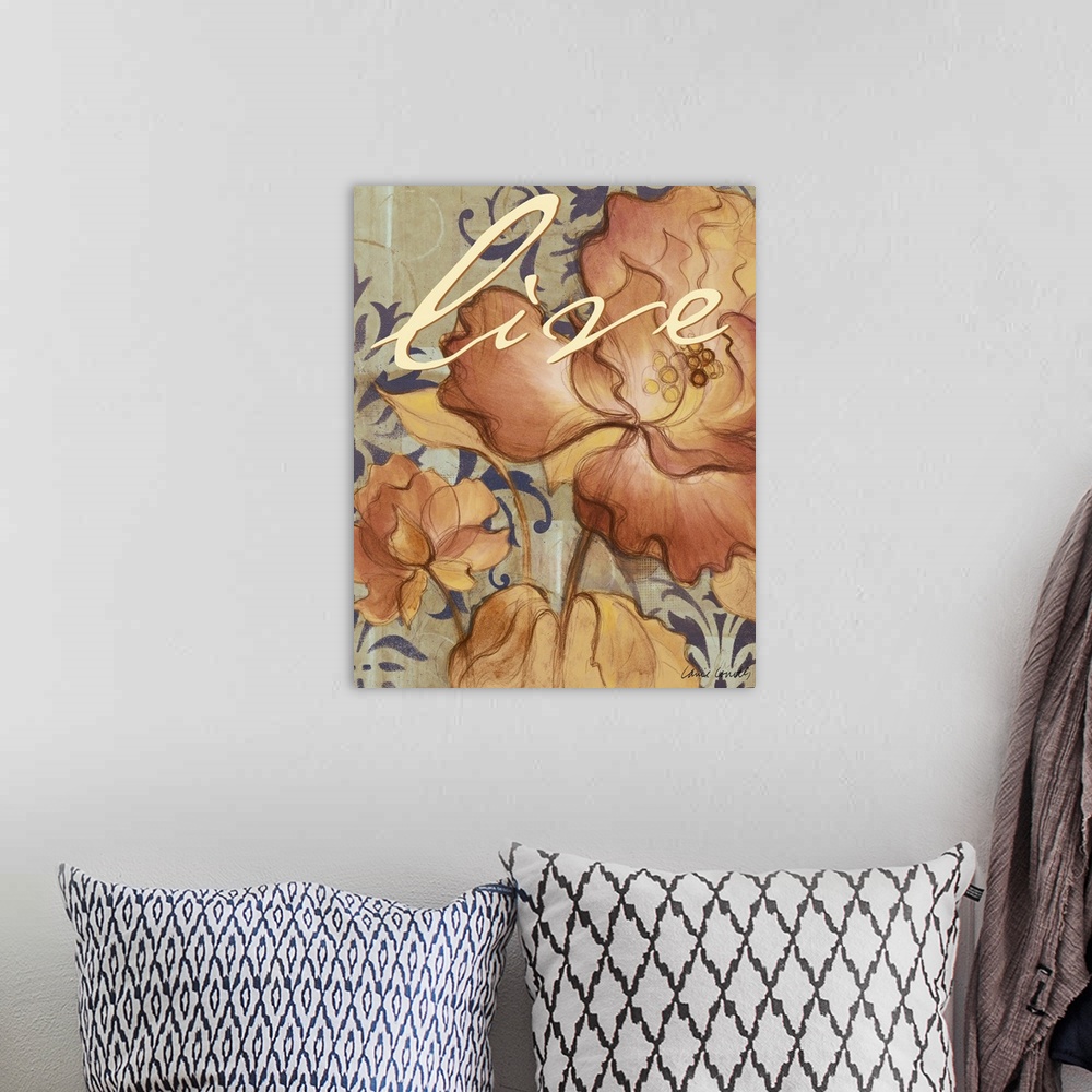 A bohemian room featuring Contemporary painting of orange lilac flowers on a tan background with purple designs and the wor...