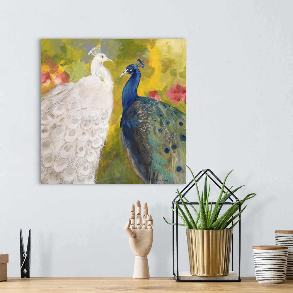 A bohemian room featuring Contemporary painting of a white peacock next to a blue and green peacock.
