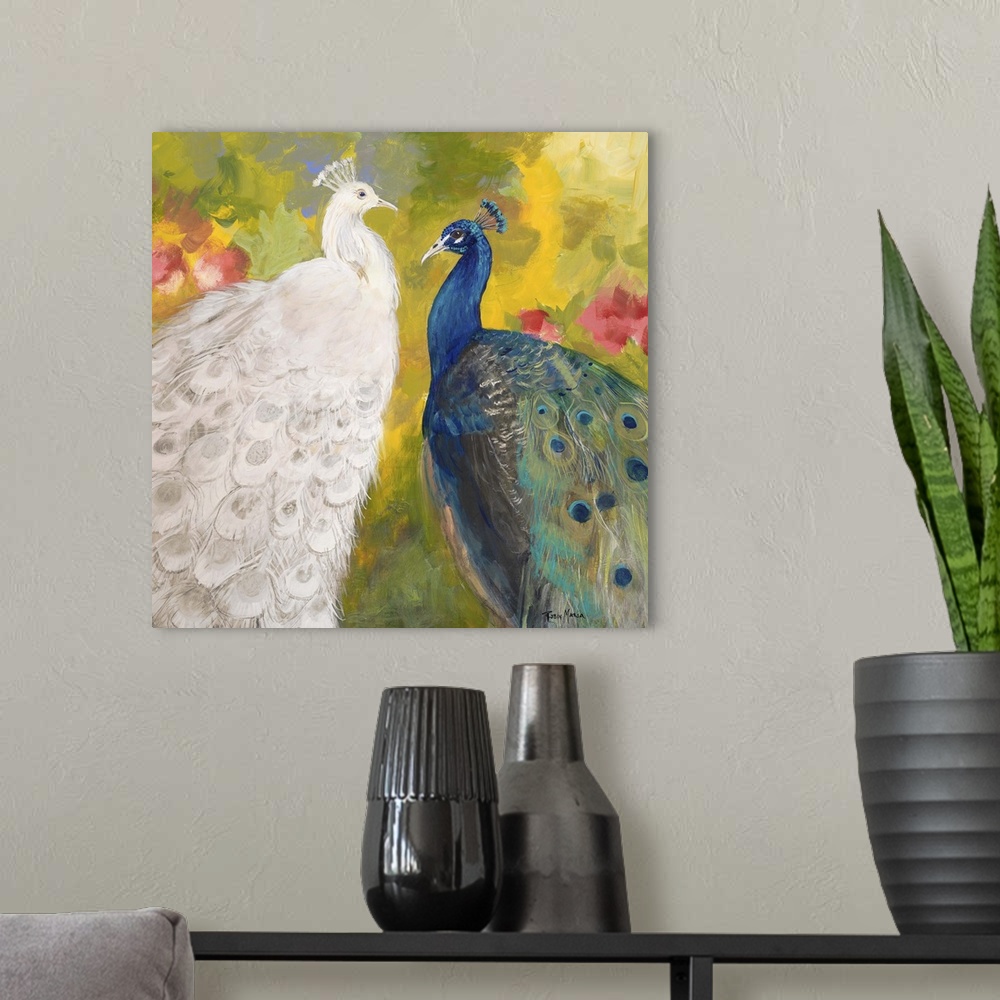 A modern room featuring Contemporary painting of a white peacock next to a blue and green peacock.