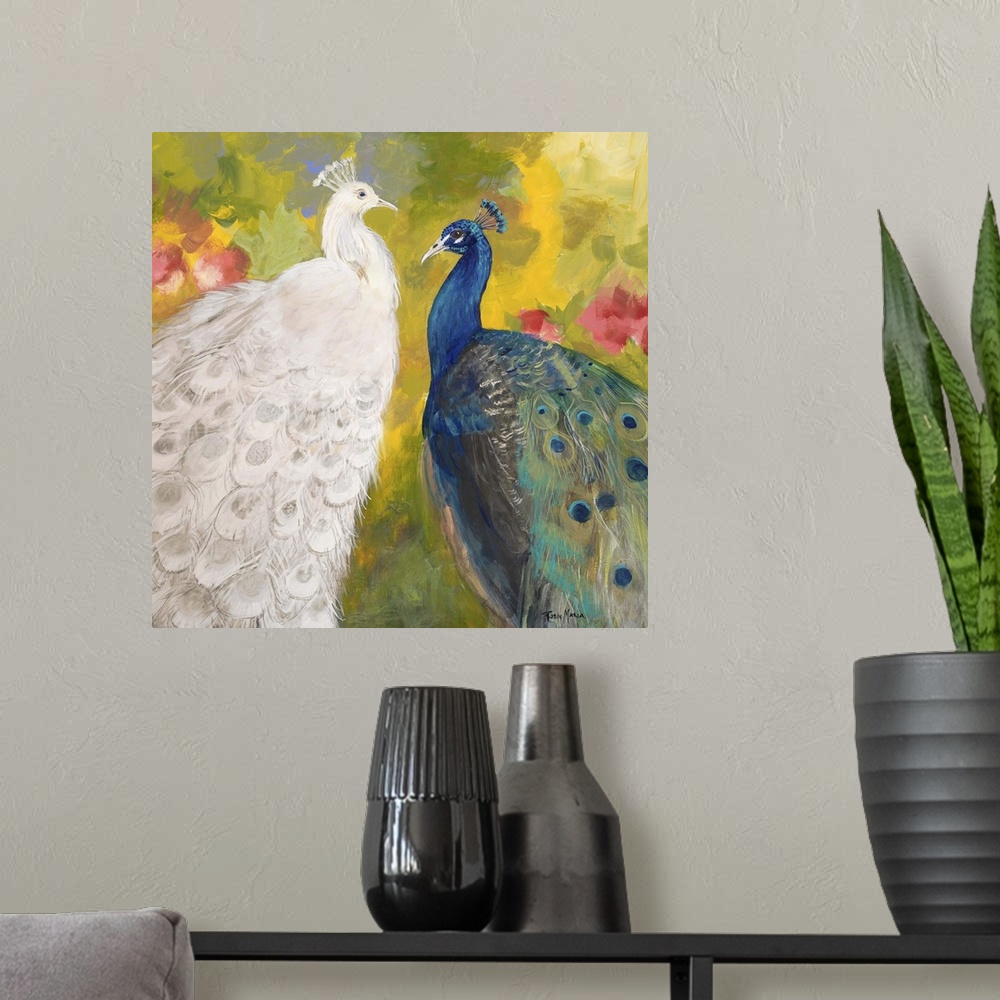 A modern room featuring Contemporary painting of a white peacock next to a blue and green peacock.