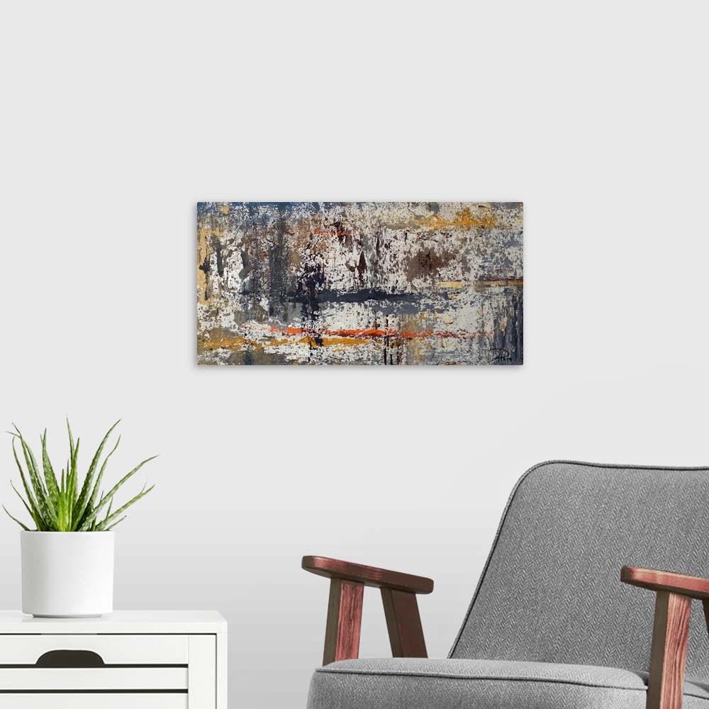 A modern room featuring A dark abstract painting with a paint splatter texture and bright orange and yellow accent lines.