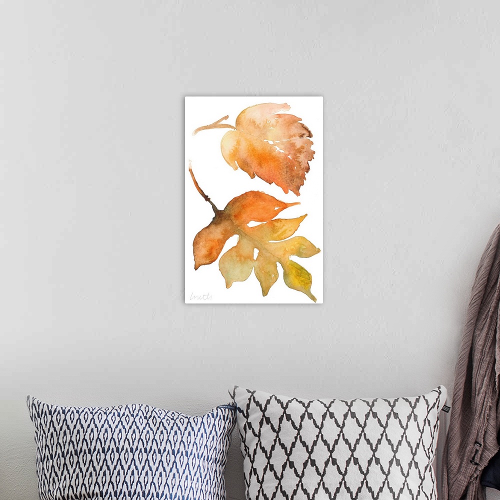 A bohemian room featuring Watercolor painting of two fallen leaves in autumn colors.