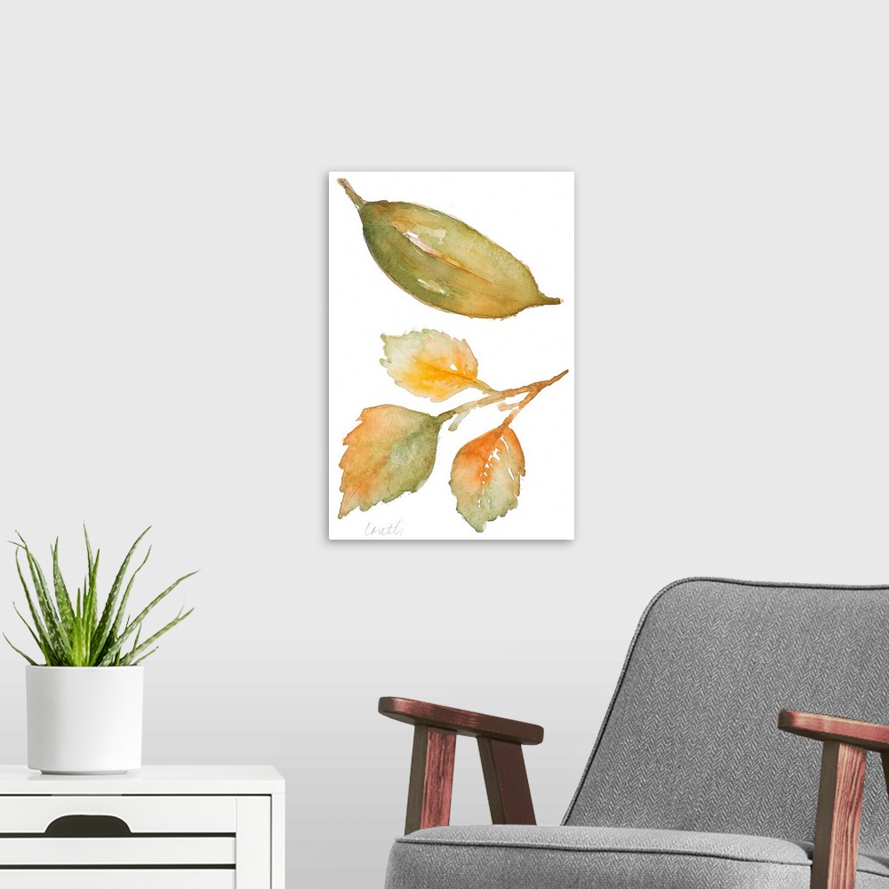 A modern room featuring Watercolor painting of two fallen leaves in autumn colors.