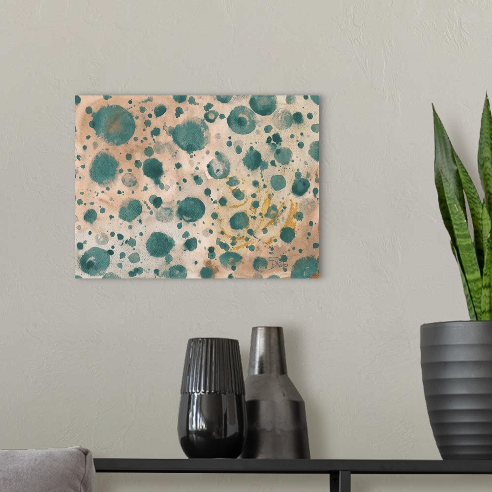 A modern room featuring A patterned watercolor painting with turquoise paint splatter on a tan background with hints of g...