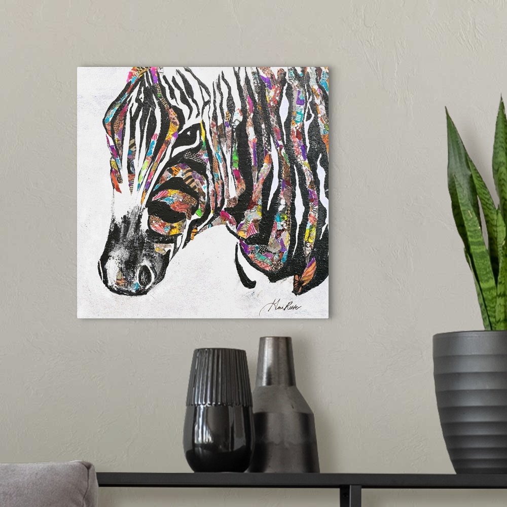 A modern room featuring Contemporary painting of a zebra with bright colors and patterns between the stripes.