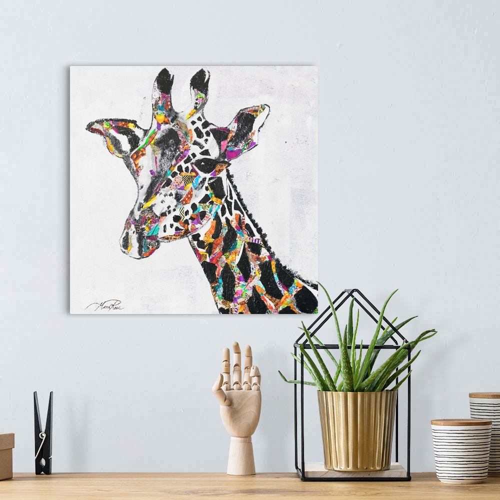A bohemian room featuring Contemporary painting of a giraffe with bright colors and patterns between the spots.
