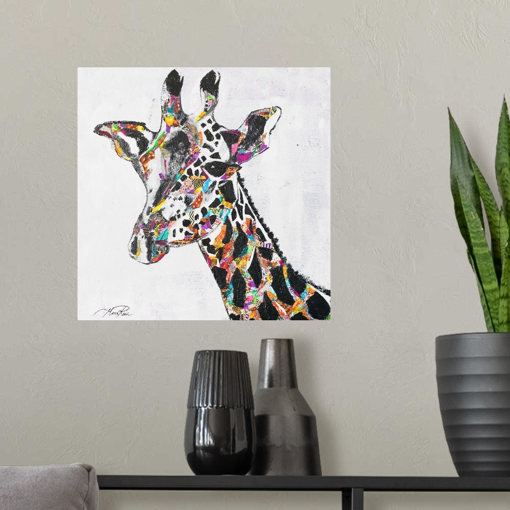 A modern room featuring Contemporary painting of a giraffe with bright colors and patterns between the spots.